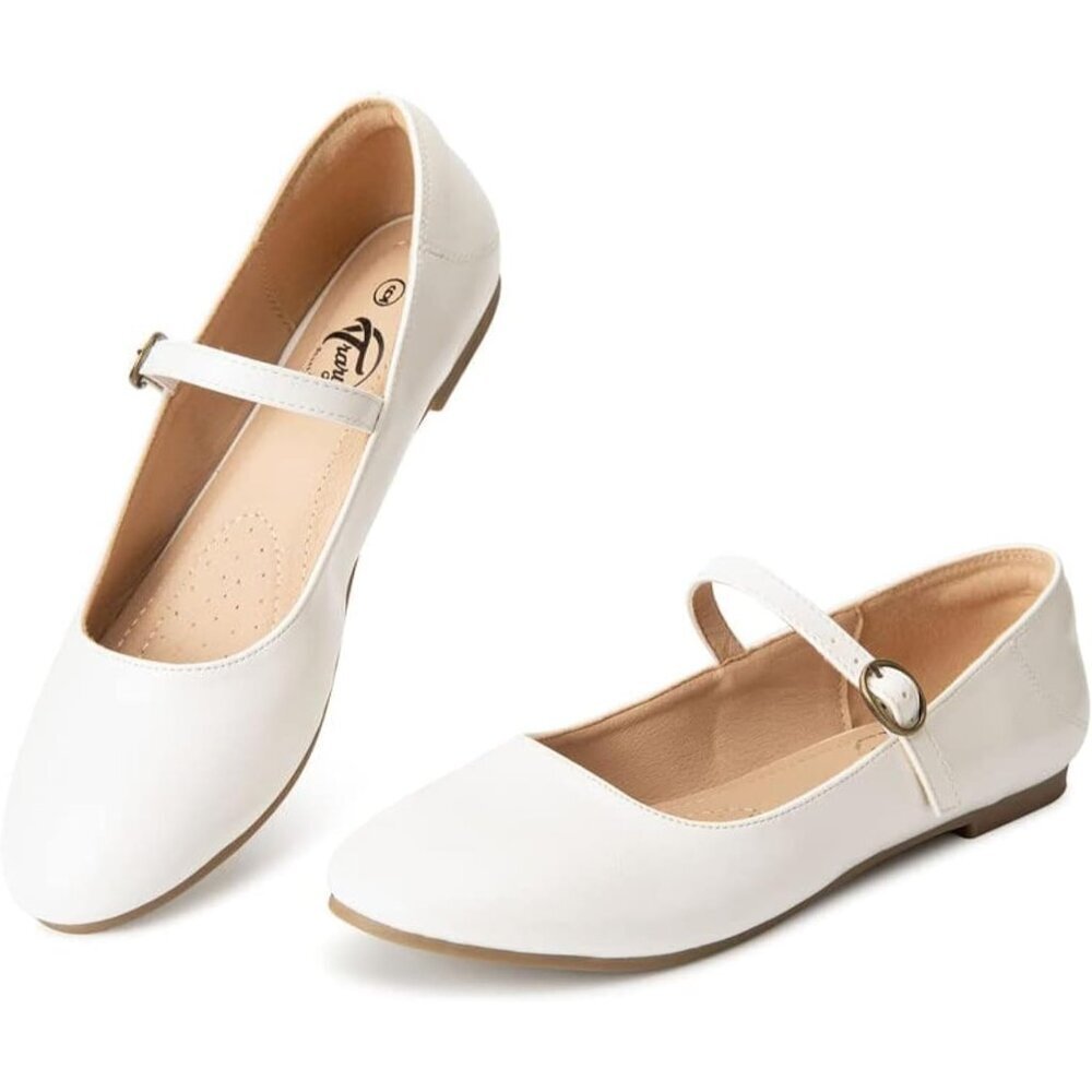 Trary Women New White Leather Round Toe Ankle Strap Ballet Flats Shoes